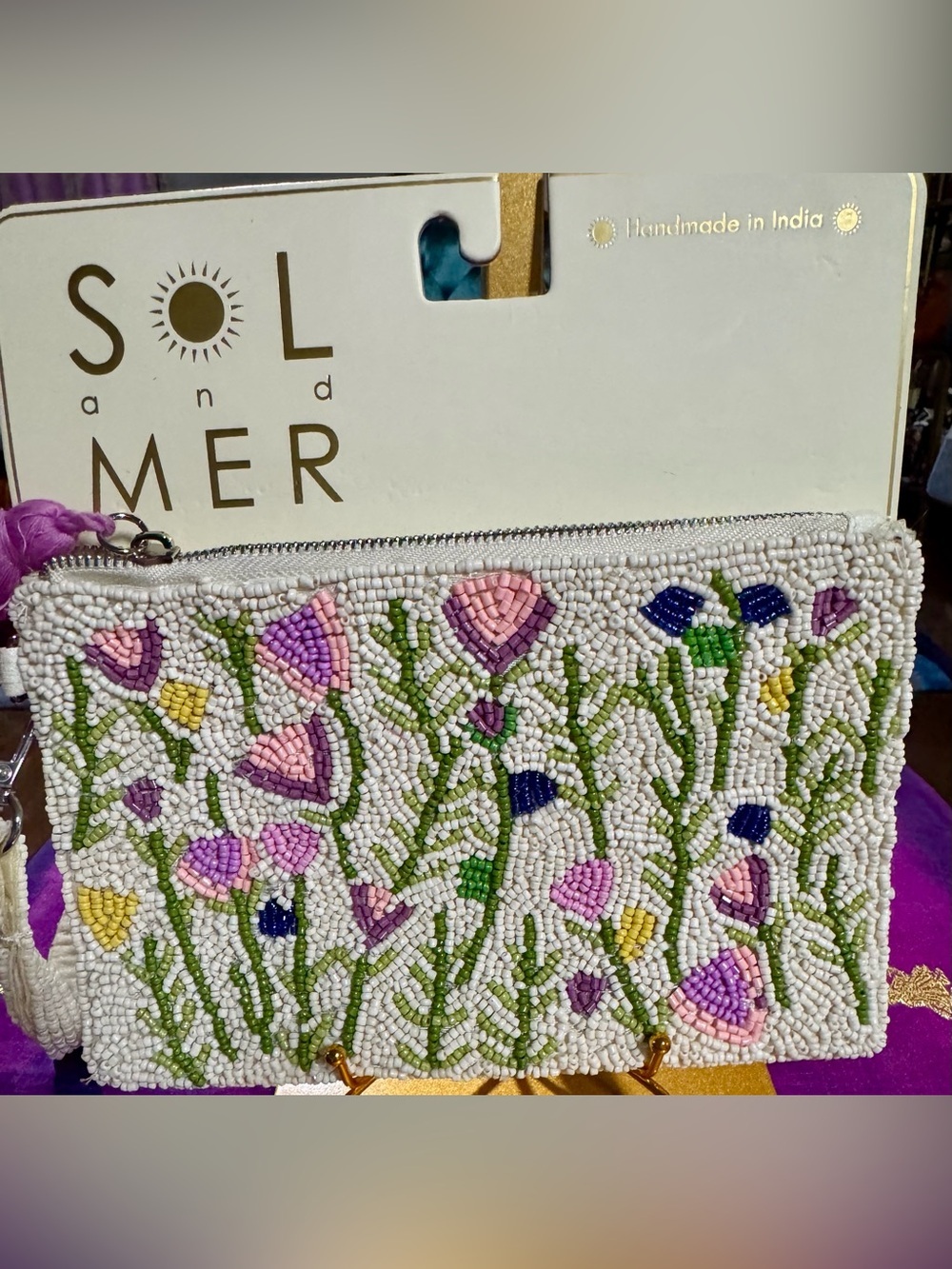 NWT Sol & Mer Abstract Floral Collage Zipper Pouch Pink White
